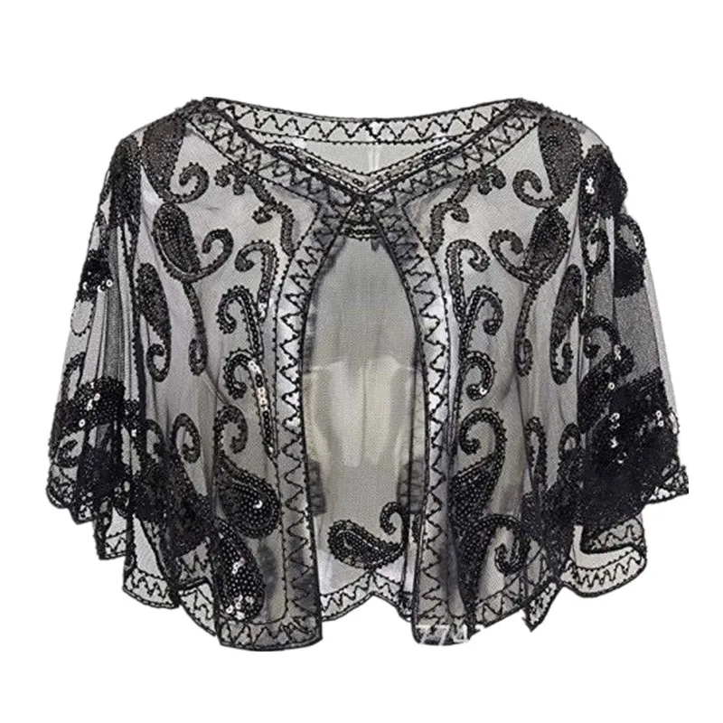 Scialle da donna 1920s in rilievo con paillettes Deco mantello da sera Bolero Flapper Cover Up scialle per abito da sposa europeo e americano sul