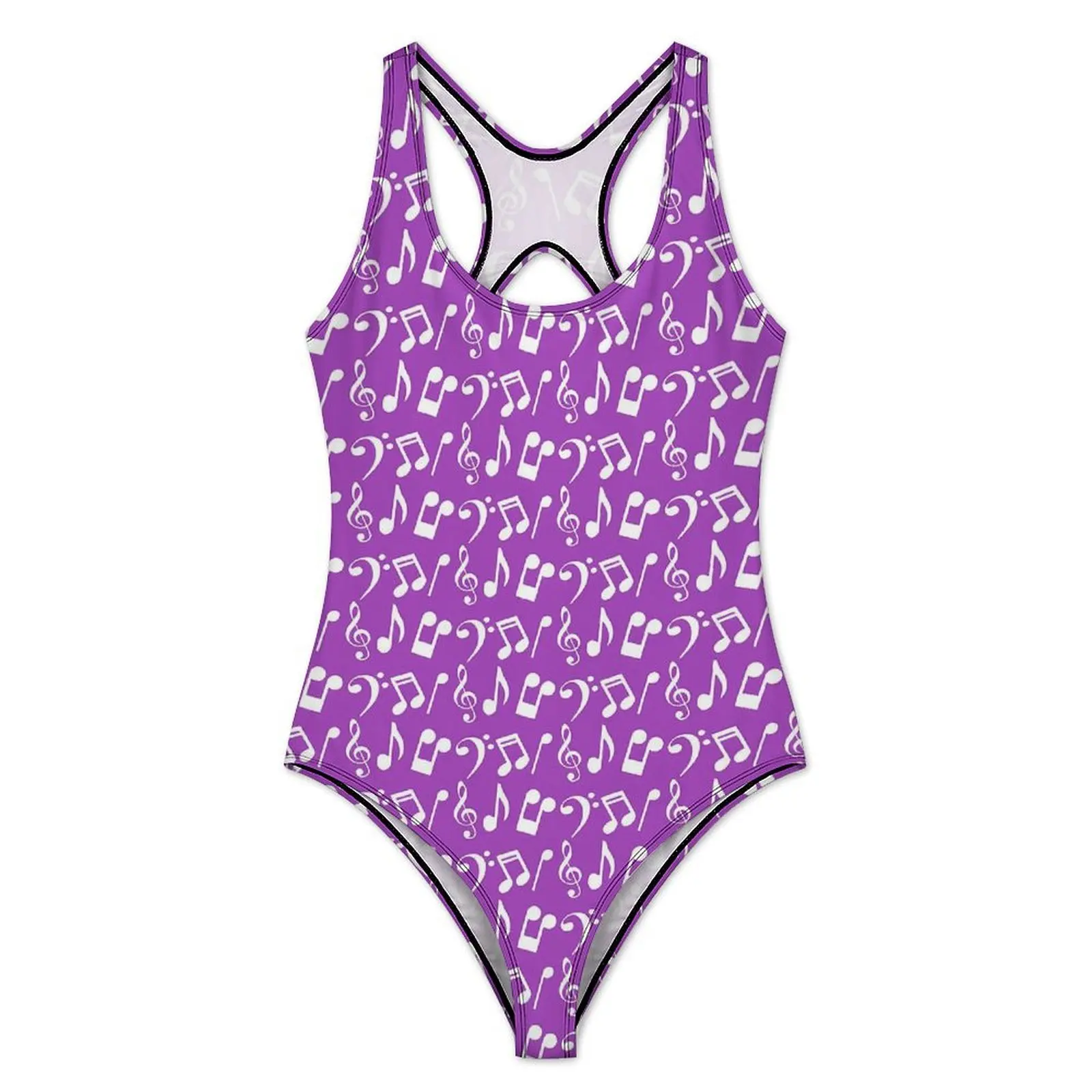 Music Notes Swimsuit Sexy Purple and White Women Swimwear One Piece Stylish Bodysuit Beach Push Up Backless Bathing Suit