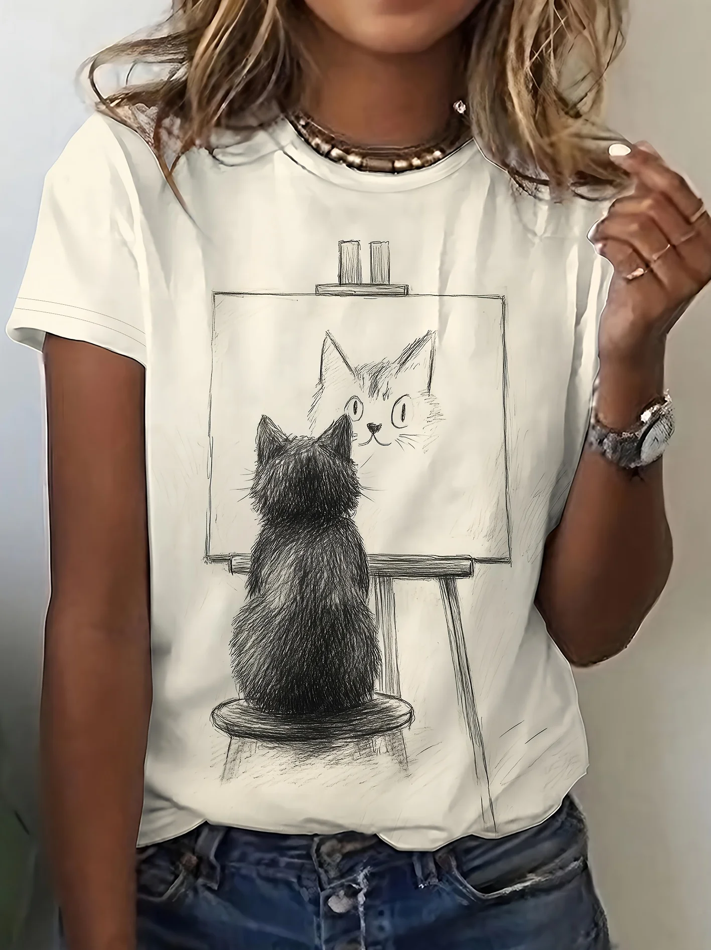 Women T‑shirt Short Sleeve Sketch Cat Drawing Self‑portrait On Easel Graphic Print O‑neck Casual Daily Summer Fashion Tee Top