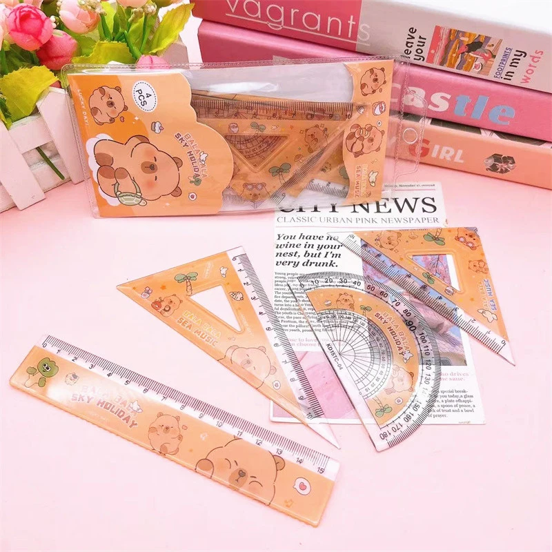 4pcs/set Creative Acrylic Capybara Set Of Rulers Drawing Tools Cute Cartoon Soft Ruler Set Office Supplies Set Square