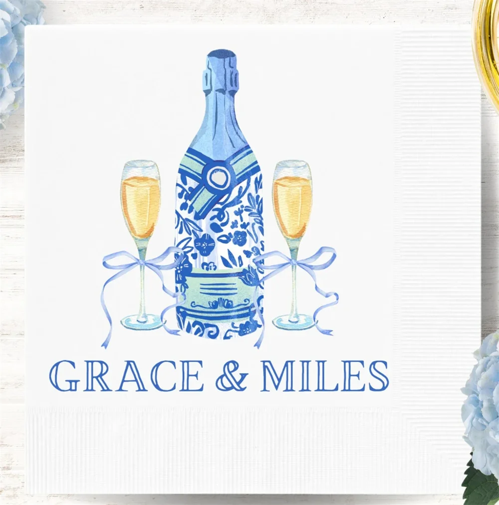 

50PCS Preppy Blue Floral Champagne Bottle Cocktail Napkins | Personalized Engagement Napkins | Custom Bridal Shower Napkins | Re