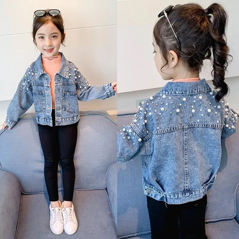 2024 New Fashion Pearls Beading Denim Jacket For Girls Coat Spring Autumn Children\'s Outerwear 3-10 Years Teenage Girls Clothes