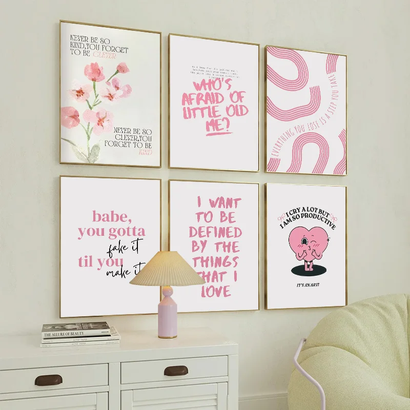 Pink Floral Poster Girly and Inspirational Wall Art Canvas Print Decorative Painting Home Decor for Bedroom Living Room Hallway