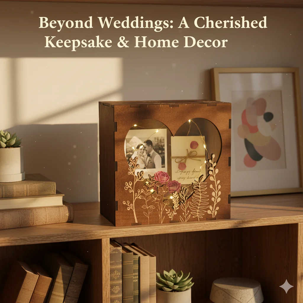 Rustic Wood Wedding Card Box With Clear Heart Window Laser Engraved Floral For Wedding Reception Bridal Shower Engagement Party