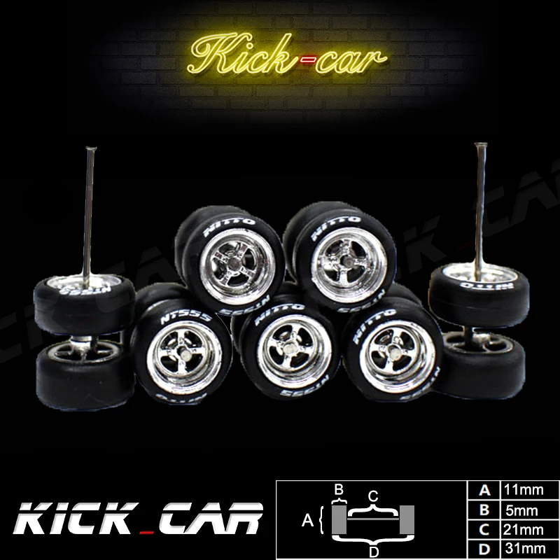 Kickcar-ruedas de ABS 1/64 para coche modelo con neumático de goma tipo 1, piezas modificadas galvanizadas, vehículo de carreras de juguete,