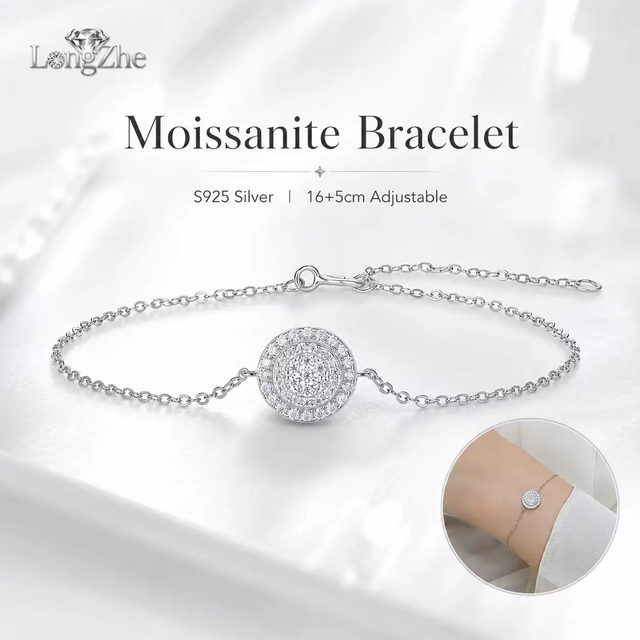 

925 Sterling Silver Moissanite Round Disc Bracelet with 46 Stones Adjustable 16+5cm Chain for Women OL Style Fine Jewelry