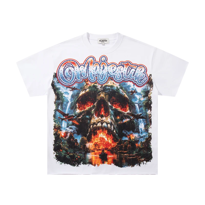 Skeleton Pattern Printed High Street New Majestik Top Summer Fashion Glittering Diamonds Men Women Hip Hop MAJESTIK Short Sleeve