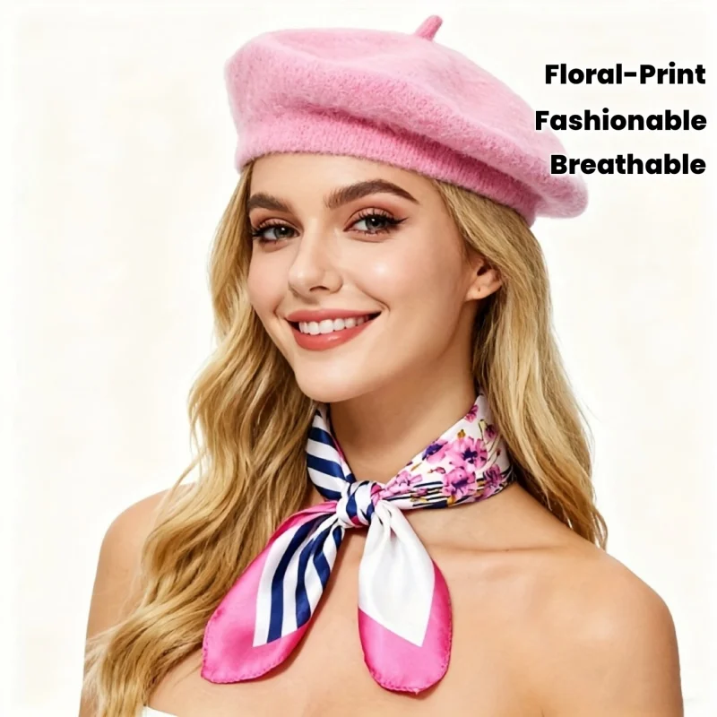 Women'S Korean Style Beret Hat & Chiffon Scarf Set  Wide Brim Bucket Hats with Floral Print Square Scarfs with Bow Tie