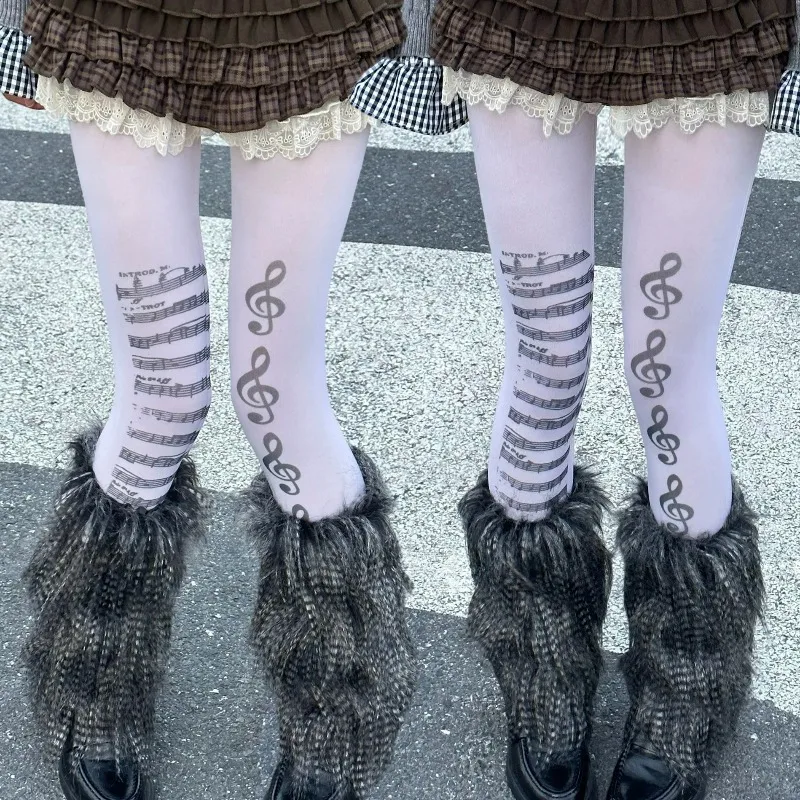 

Subculture Music Note Patterned Pantyhose Girls Black White Super Elastic Leggings Graffiti Women Piano Patterned Stockings