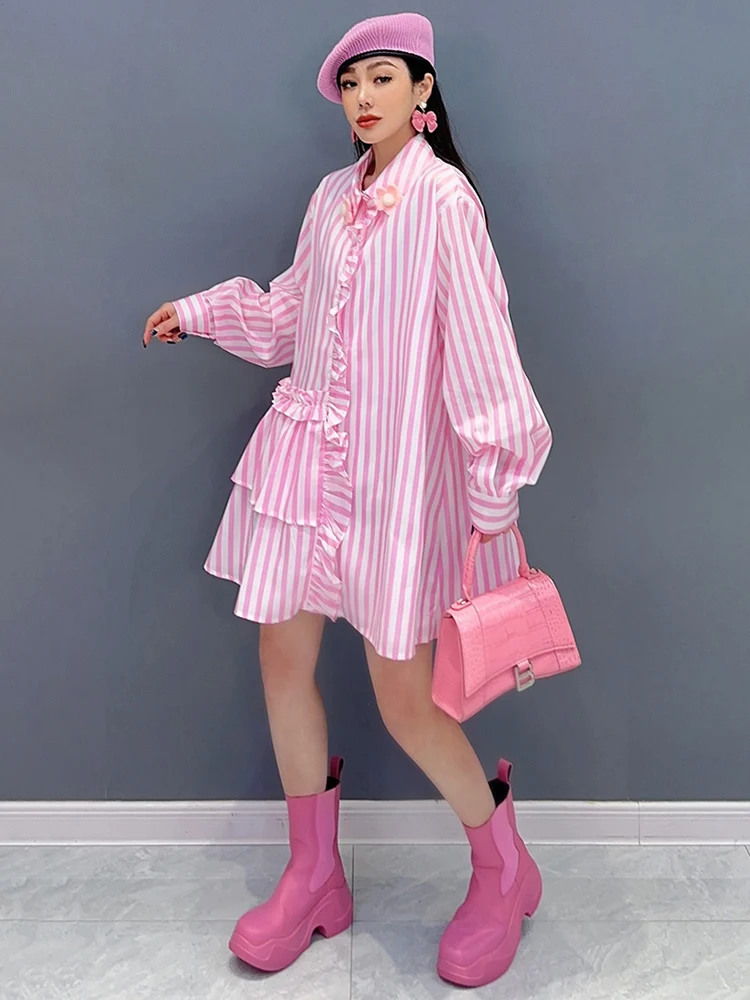 SHENGPALAE Fashion Striped Shirt For Women Ruffles Design Chic Loose Lapel Full Sleeve Blouse Spring 2024 New Female Tops 5R9483