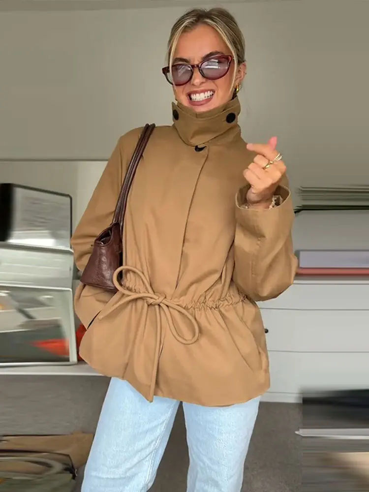 Casual Women Jacket Lapel Lace Up One Button Long Sleeve Tunic Female Slim Coat Fashion Solid Office Streetwear 2026 New
