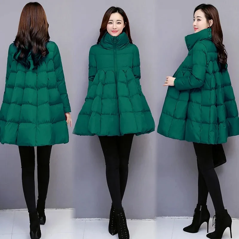 Chaqueta de plumón de algodón para mujer, Abrigo acolchado de falda gruesa, Parka larga holgada de gran tamaño, Poncho de línea A, novedad de