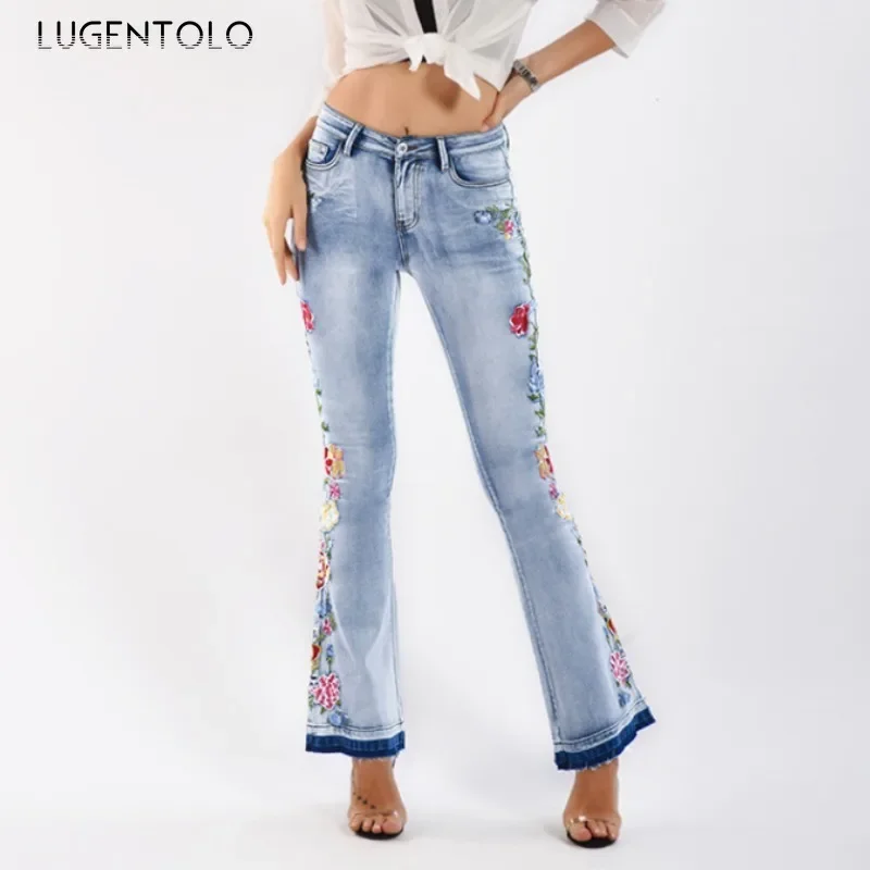 

Women Fashion Jeans 2024 New Floral Embroidery Vintage Light Blue Frayed Hem Skinny Stretch Flared Pants Elegant Available 4XL