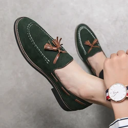 Spring Luxury Brand Suede Men's Tassel Design Loafers Slip-on Handmade High Quality Nubuck Leather Shoes Pointed Toe Thick Sole