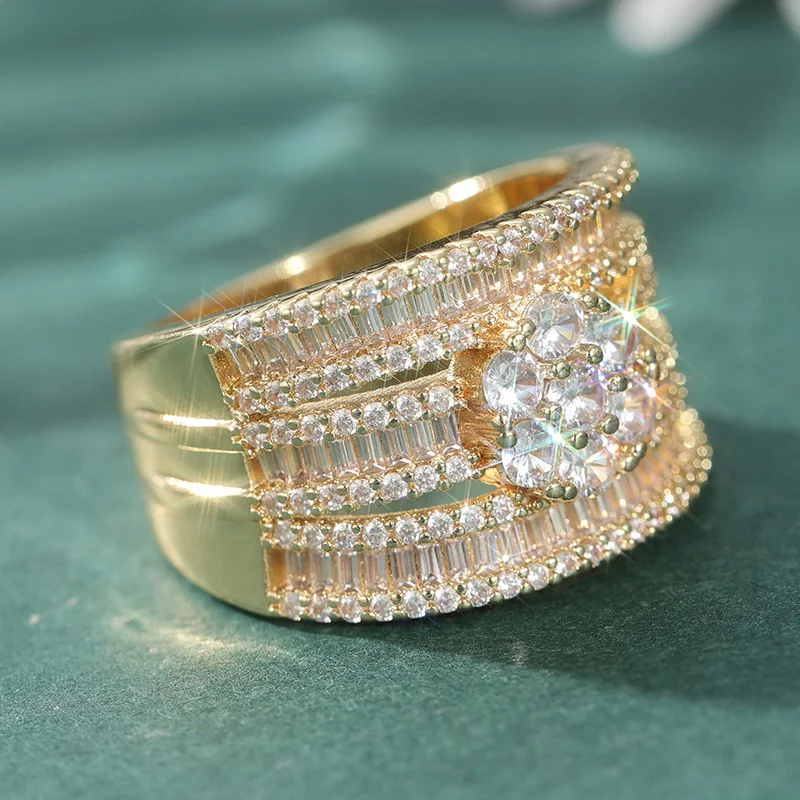 Eleganter, mit weißen CZ-Steinen besetzter Damenring, funkelnde goldfarbene Geometrie, für den täglichen Gebrauch, Partyschmuck, Jubiläumsgeschenk – Detail 2