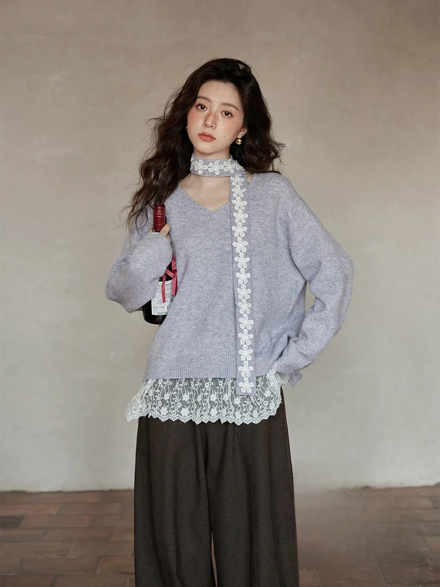 

Женский свитер Ele V-Ne с V-образным вырезом, фиолетовый, в стиле Lazy Sle, зимняя новинка от Xi Meng, удобный, свободного кроя, длинный