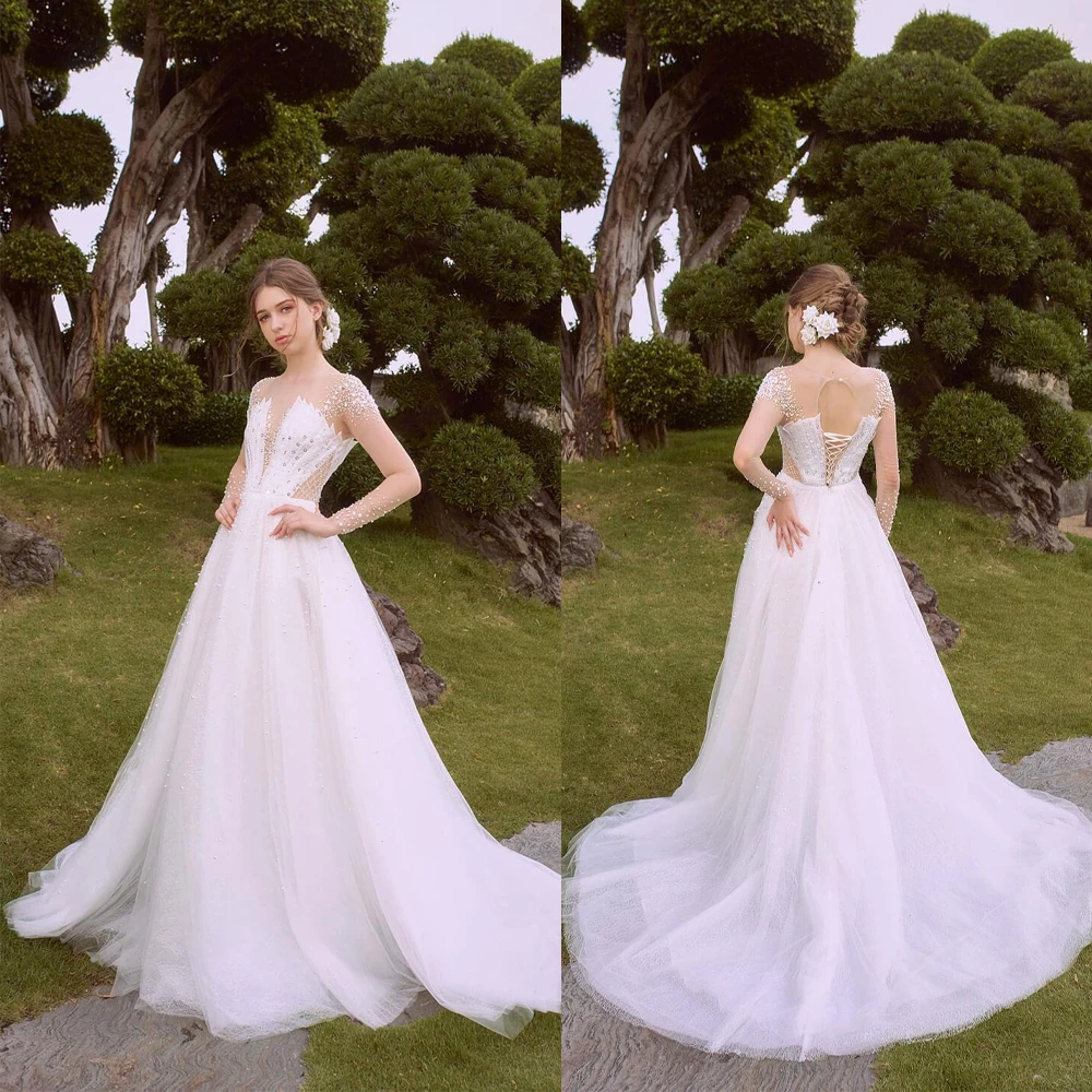 

Glamorous A Line Women Wedding Dress Strapless Sleeveless Bridal Gowns Pearls Crystal Sweep Train Dress Custom Made vestidos