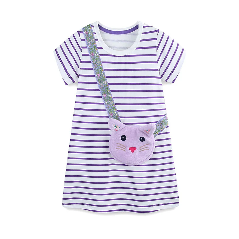 

2-7T Jumping Meters Cats Bag Princess Girls Dresses Summer Short Sleeve Striped Baby Clothing Cotton Kids Frocks Dresses