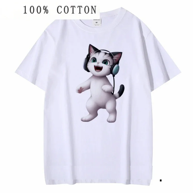 T Shirt Kawaii Kitten with Headphones Print Crop Top  Women Cotton Casual Short Sleeve Ladies Tee  Breathable Fashion Clothes