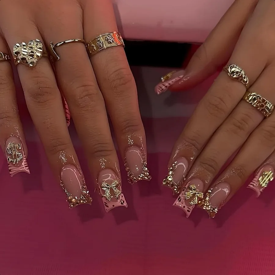 

French Tips Pr on Nails Medium Duck Fake Nails with Rhinestones Bow Charm Design Gold Dollar False Nails Glossy Skin Tones Leop
