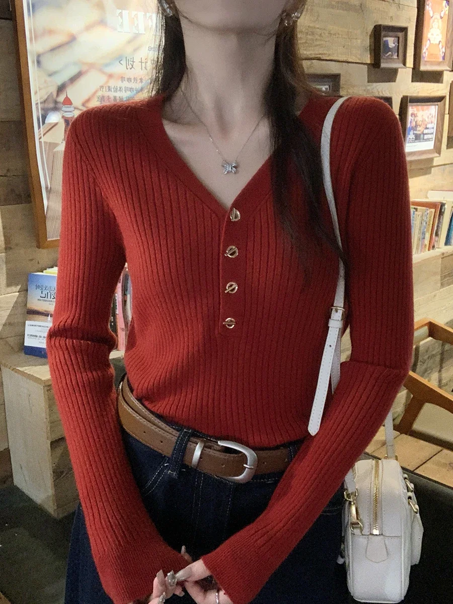 Suéteres de punto de manga larga a la moda, jerséis para mujer, ropa para mujer, suéter de punto negro con cuello en V, Jersey, Tops para mujer Q1192