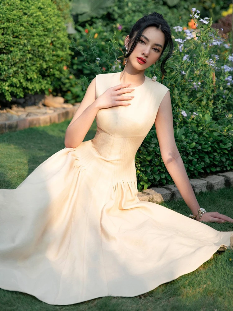 Elegance Socialite Round Collar Sleeveless High Waist Slim Fit A-line Big Hemline Simple Long Evening Dress Women костюм женский