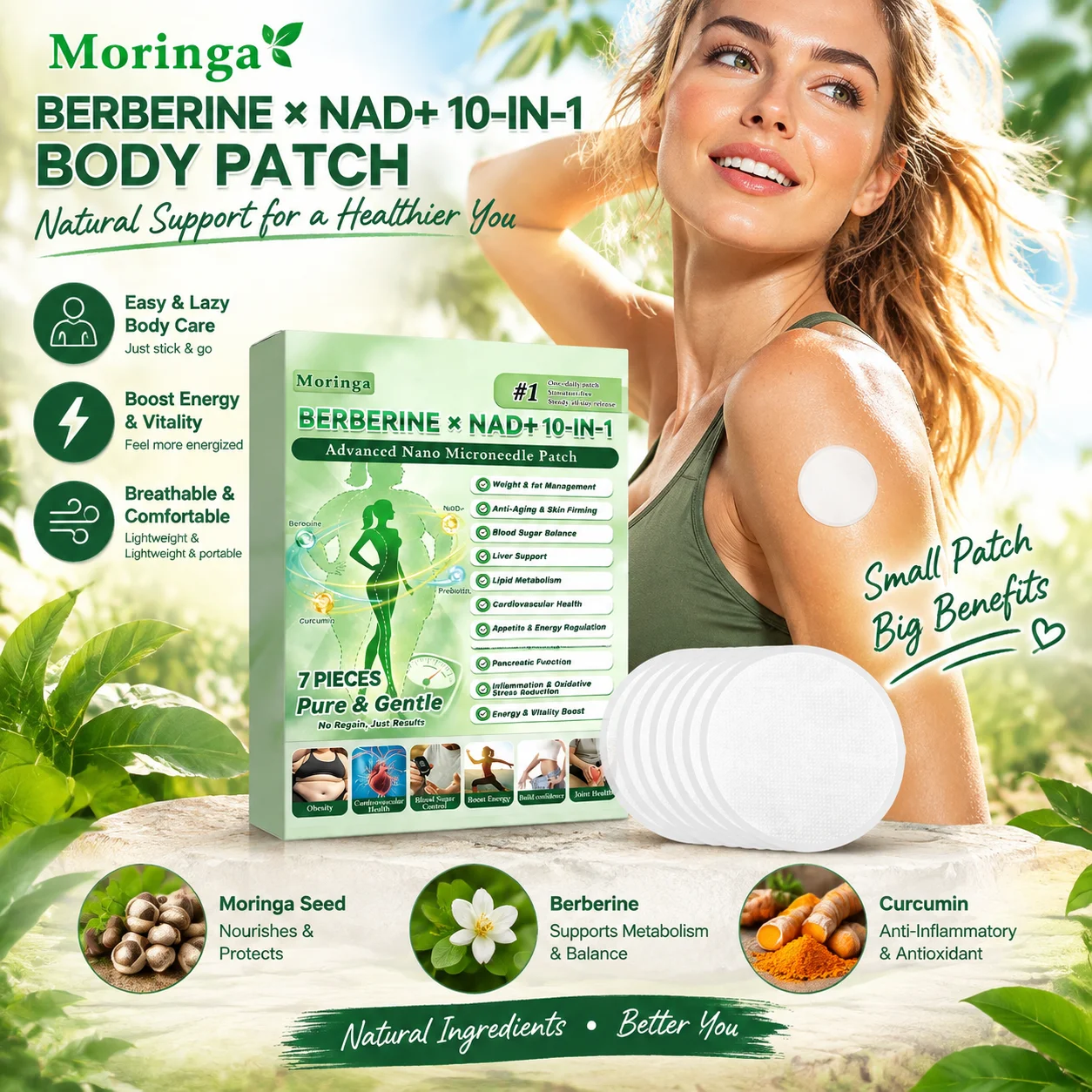 Nad Patches for Woman & Man Appetite Control Stress Relief Blood Sugar Balance Energy Regulator Moringa Weight Management Patch