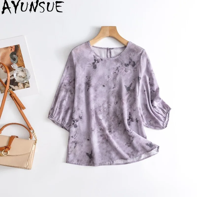 

AYUNSUE 100% Silk Women's T-shirts Elegant O-neck Pullover Half Sleeve Loose Summer Tops for Woman Clothes High Quality Одежда