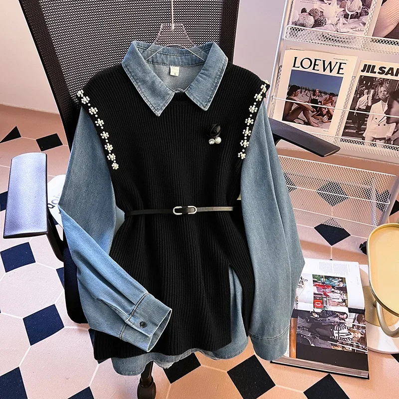 

Autumn Winter Plus Size Women's Clothing New Fashion Style Denim Shirt Sweater Vest Two-piece Set Warm Soft Korean Knitted Vest