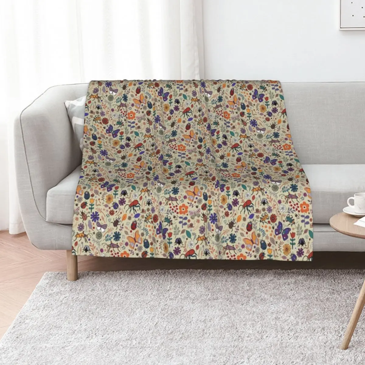 Butterflies, Beetles and blooms - taupe - pretty floral pattern by Cecca Designs Throw Blanket Winter beds Flannels Blankets