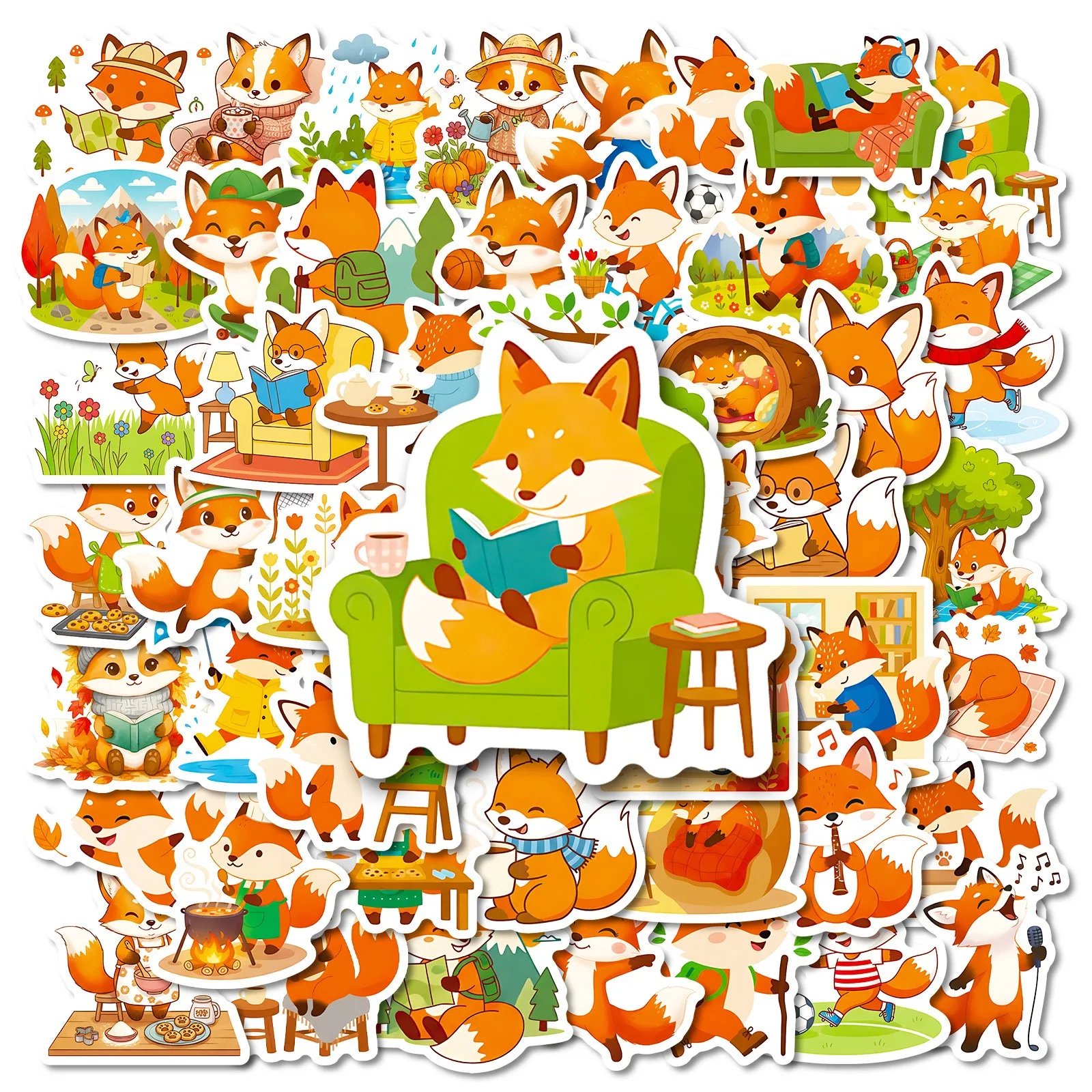 

10/56pcs Cute Animal Fox Daily Life Cartoon Stickers DIY Skateboard Stationary Phone Case Waterproof Kawaii Decal Toys Sticker