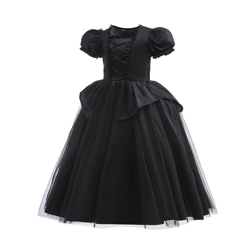 Girl Black Witch Cosplay Dress With Wings Kids Halloween Carnival Evil Queen Dress Up Costume 2-10 Yrs Sequin Ruffles Outfits