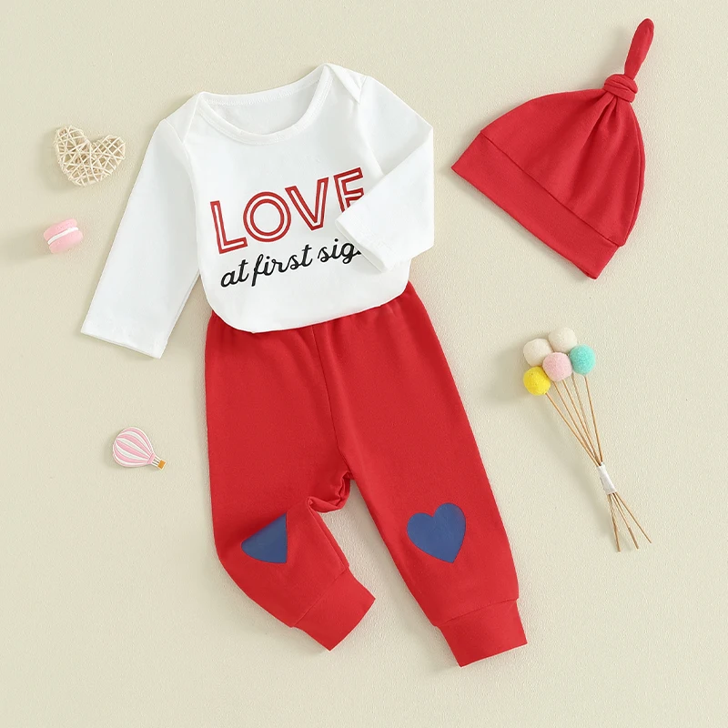 Newborn Infant Baby Boy Girl Outfit Letter Print Long Sleeve Romper Pants Hat 3Pcs Valentines Day Outfit