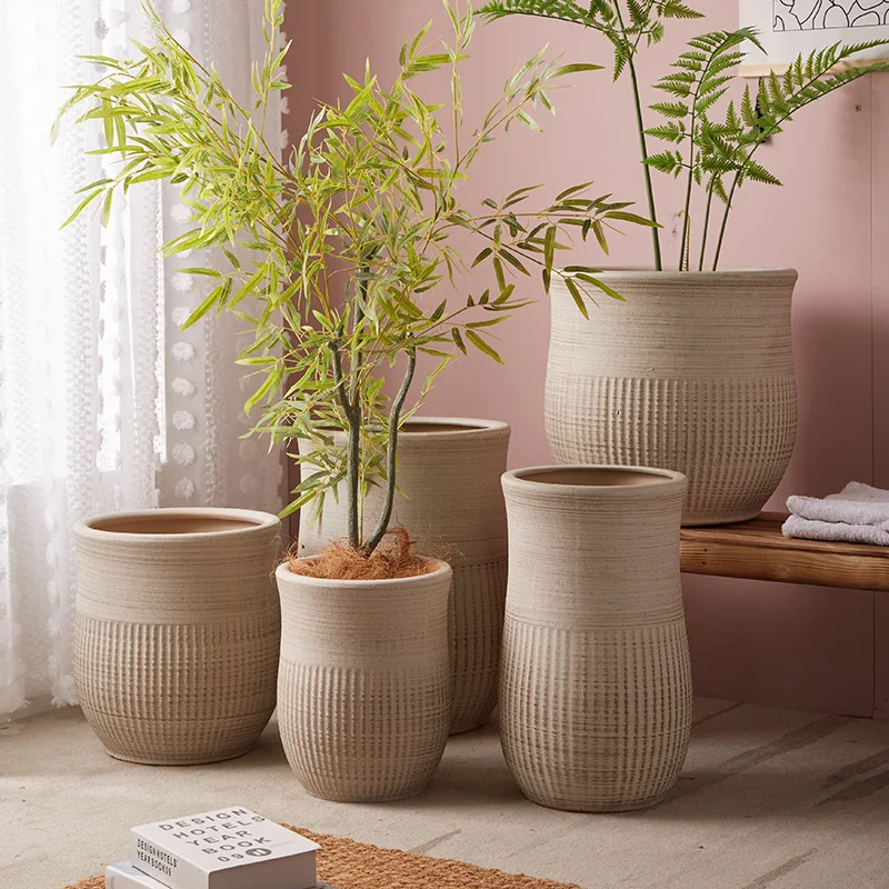 

Creative high-depth large-diameter light luxury ceramic flower pot handmade relief coarse pottery breathable household gardening