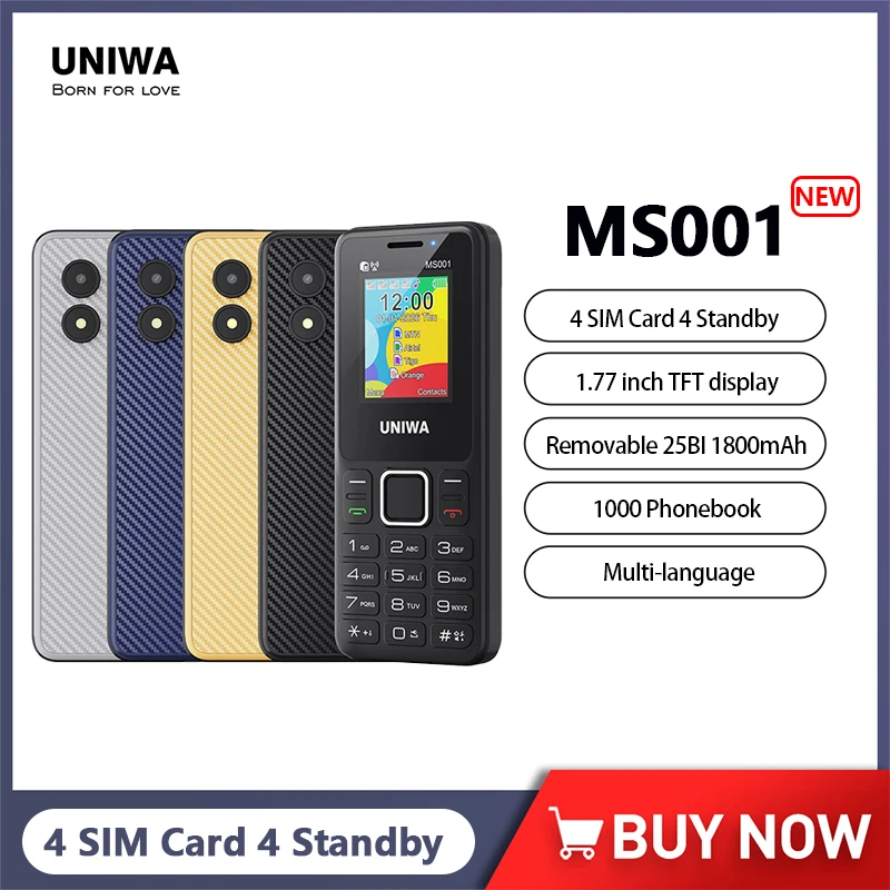 UNIWA MS001 GSM Feature Phone 4 SIM 4 Standby GSM Signal Booster Keypad Phone 1800mAh Battery 1.77 inch Senior Elder Cellphone