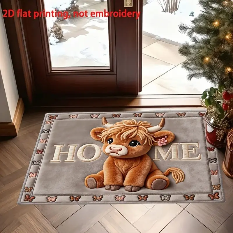 VIKAMA Cute Highland Cow Home Doormat Chibi Plush Highland Cow Skid Resistant Kitchen Entry Floor Rug Seasonal Xmas Decor Home