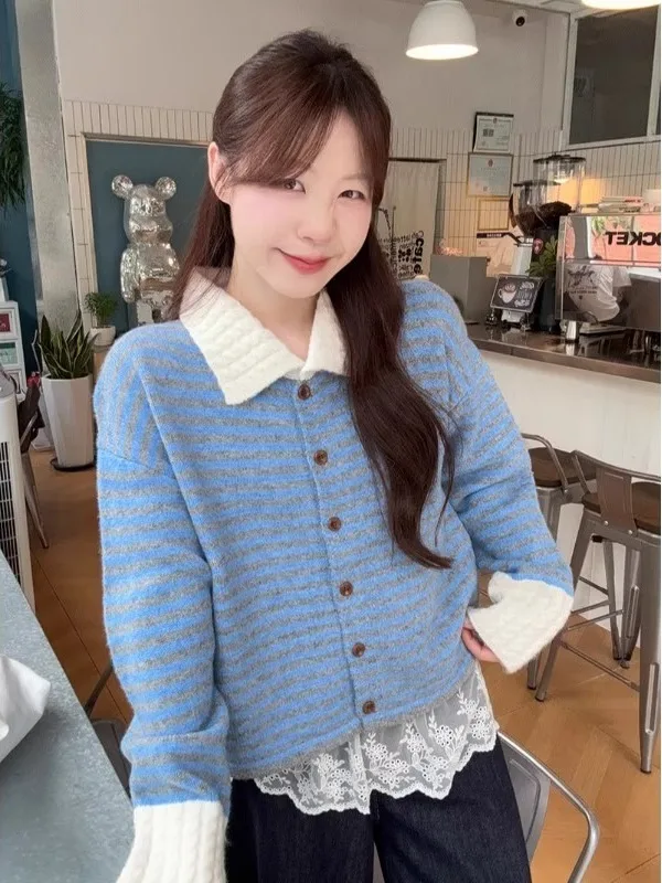 Color Block Striped Knit Sweater Women's Autumn Winter Vintage Preppy Style Long Sleeve Open Cardigan Slimming Knitted Coat