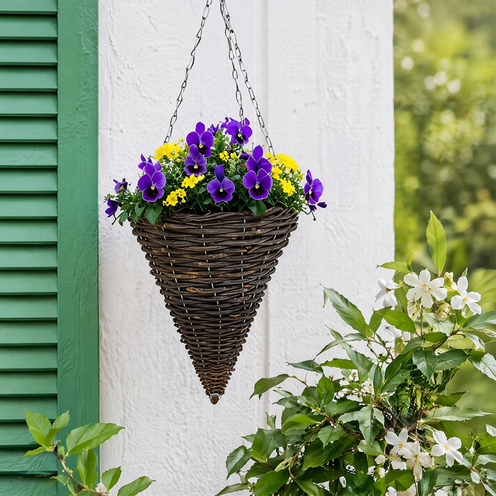 2Pcs Cone Shaped Hanging Basket with Chain Hook and Plastic Liner Cone Shape Flower Pot for Porch Front Door Garden Home Patio