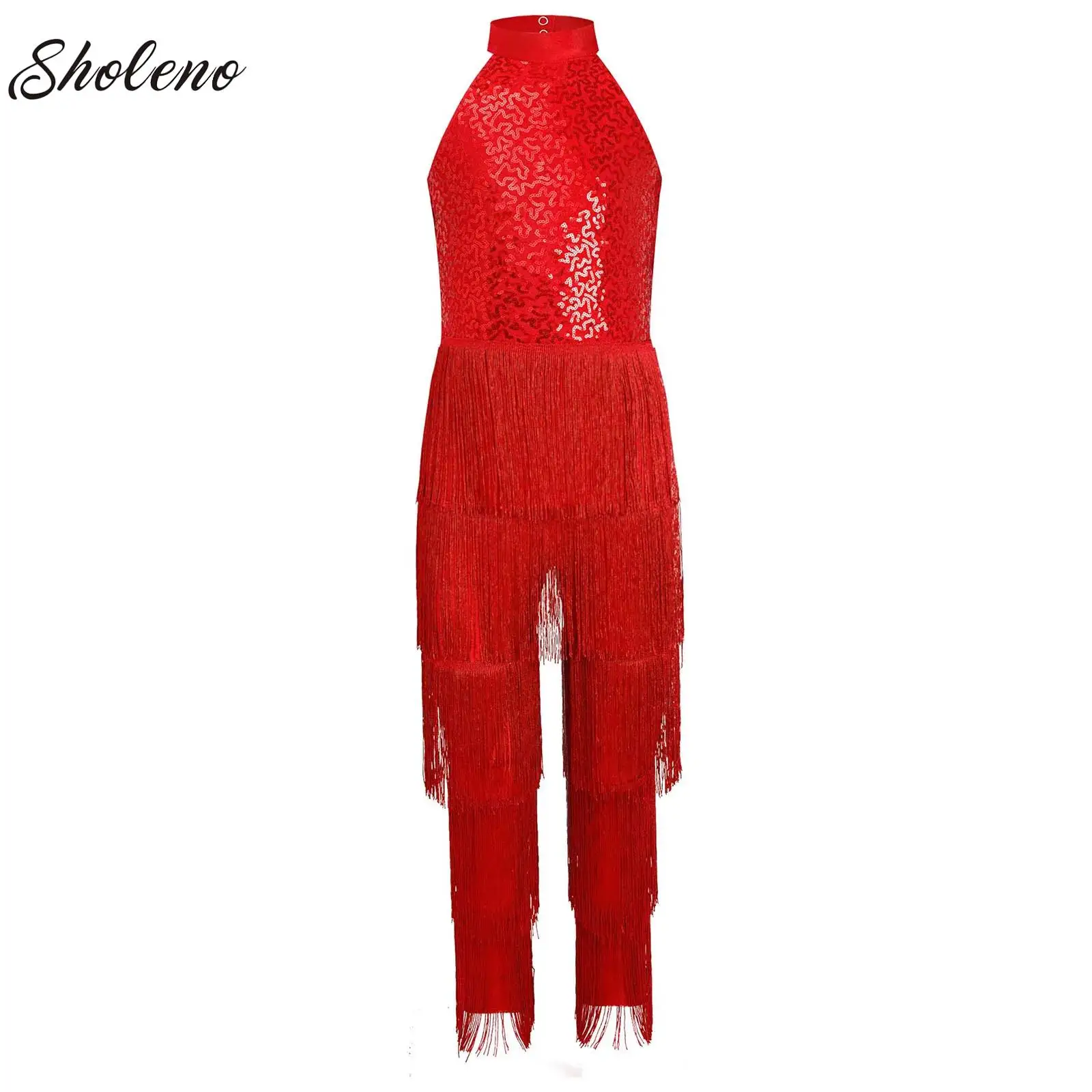 

Girls Latin Dance Tassel Pants Jumpsuit New Fringed Trousers Full Bodysuit Ballroom Tango Cha-Cha Samba Jazz Performance Clothes