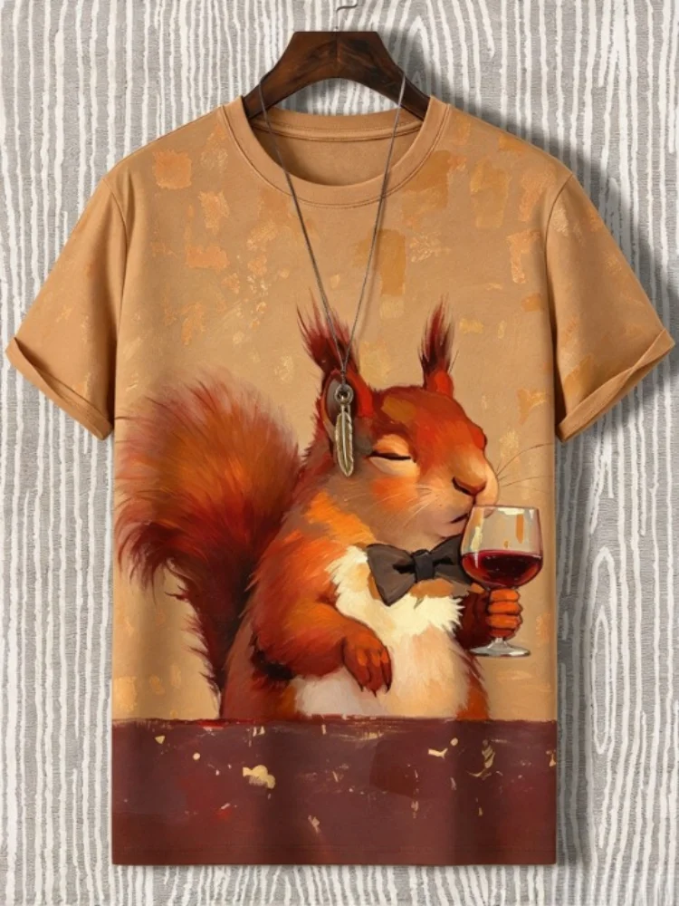 Men Clothings Summer Vintage Oil Painting Squirrel Graphic Print Short Sleeve Crew Neck T-Shirt Casual Animal All-match Tees