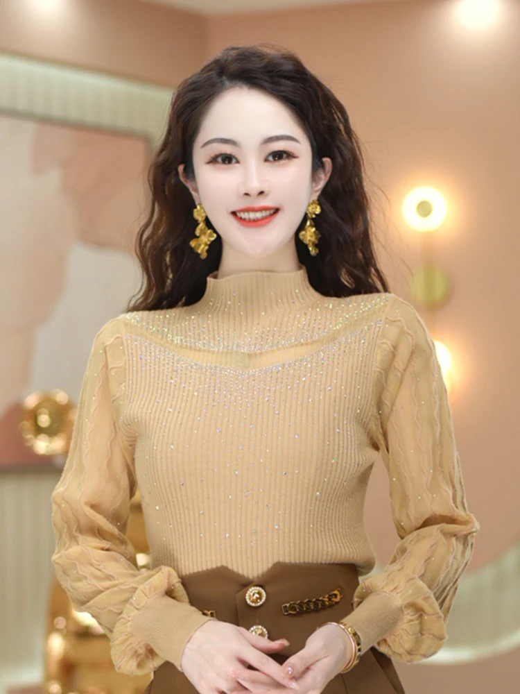 

Ele f High Ne Knitted Sweater Women's Heavy Embellied Diamond Slimming Woolen Luxury Versatile Long Sve Sweater