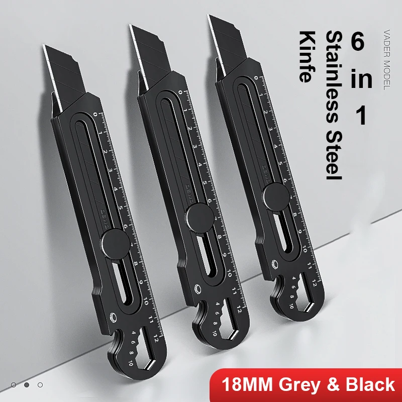 6 in 1 Multifunctional Utility Knife 18MM Black/Silver нож канцелярия Estilete Cutter Aluminum Alloy Heavy  Premium Stationery