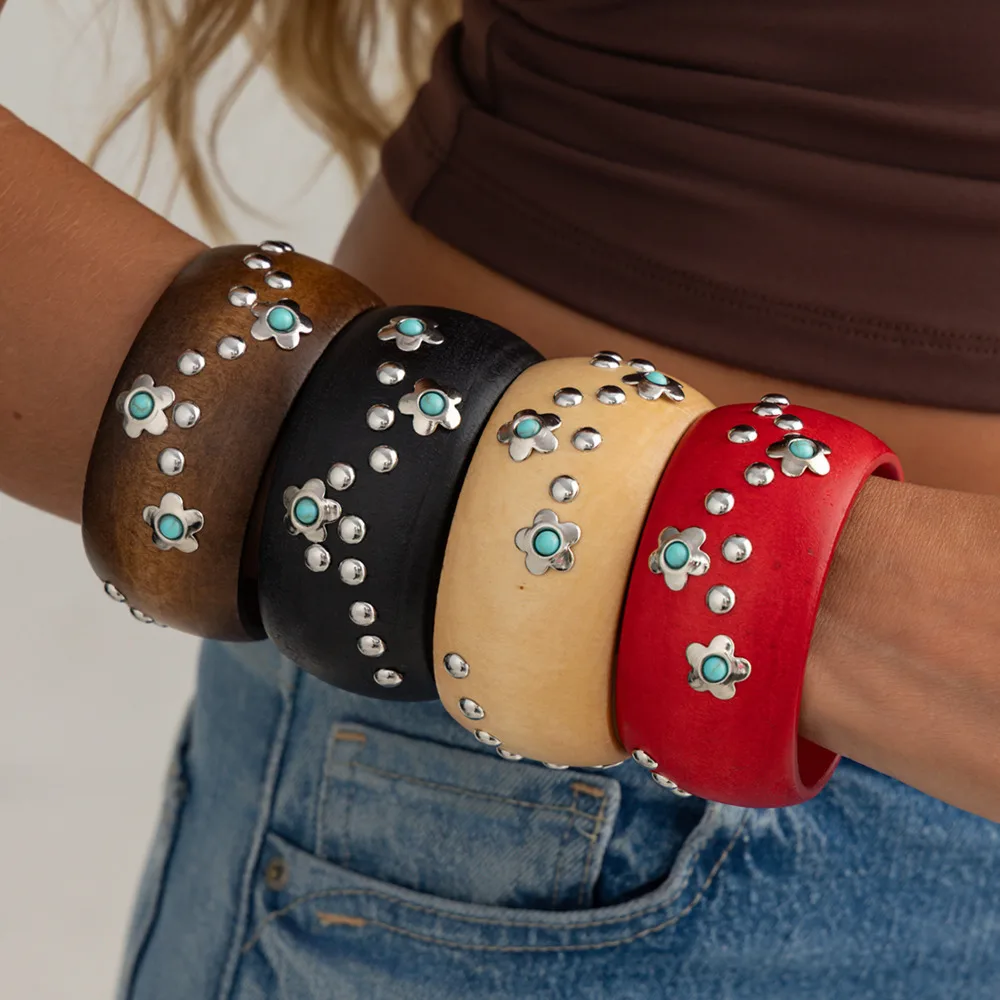 

Ingemark 4 Colors New Retro Round Wooden Wide Bracelets for Women Punk Hip Hop Stackable Chunky Bangles Daily Wear Jewelry Gifts