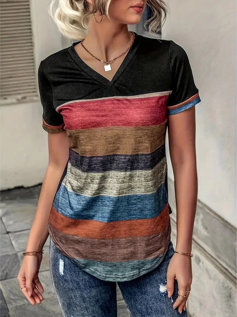 Summer Women's T Shirt Casual Short Sleeve Tee Retro Stripes Print V-Neck T-Shirts Fashion Street Female Oversized Clothing