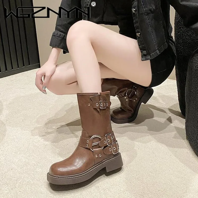 Womens Rivet Designer Motorcycle Boots Women's INS Hot Sale Shoes Platform Combat Botas Women Boots Trend 2024 Goth Cowboy Boots