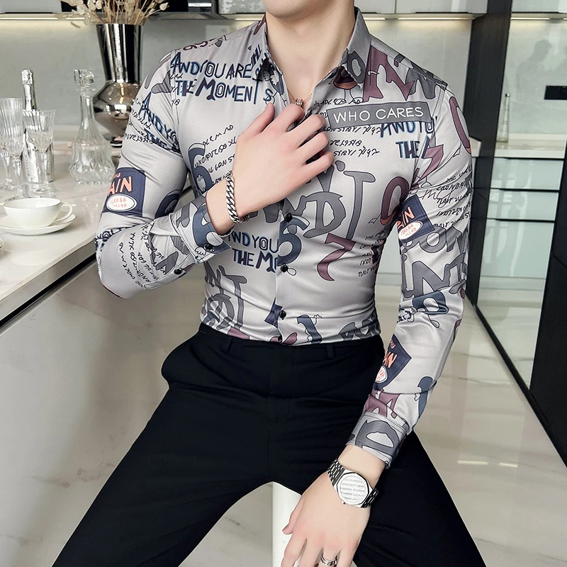 Spring Man Vintage Letter Print Social Shirts Luxury Men's Slim Fit Long Sleeve Dress Striped Shirt Fashion Casual Chemise Homme