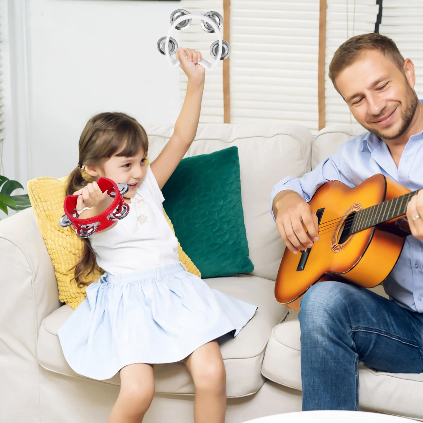 7 pezzi Set di strumenti a percussione per bambini Materiale sicuro Giocattolo musicale Campane a mano di colore brillante Tamburello in plastica per bambini