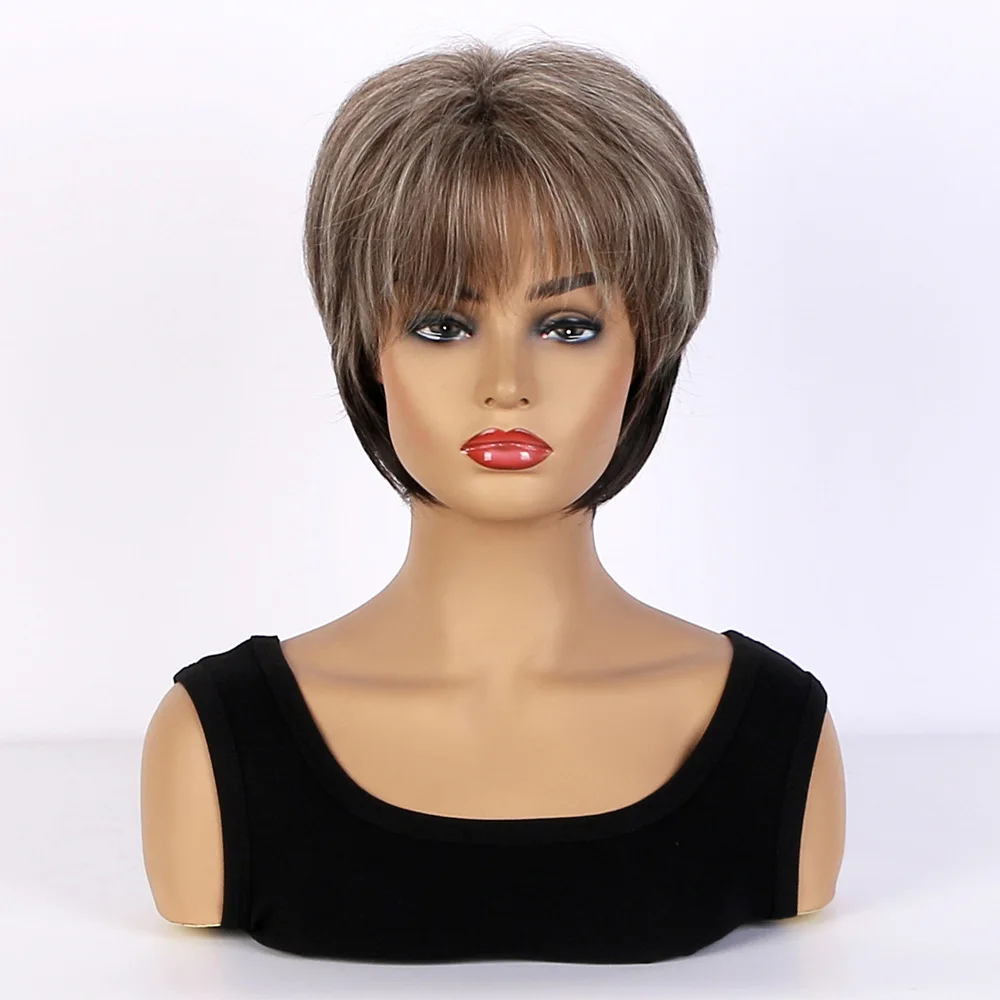 Short Pixie Cut Brown Mixed Light Gold Synthetic Wigs with Bangs Straigth Hair Wigs for Women Daily Wig Heat Resistant Fiber