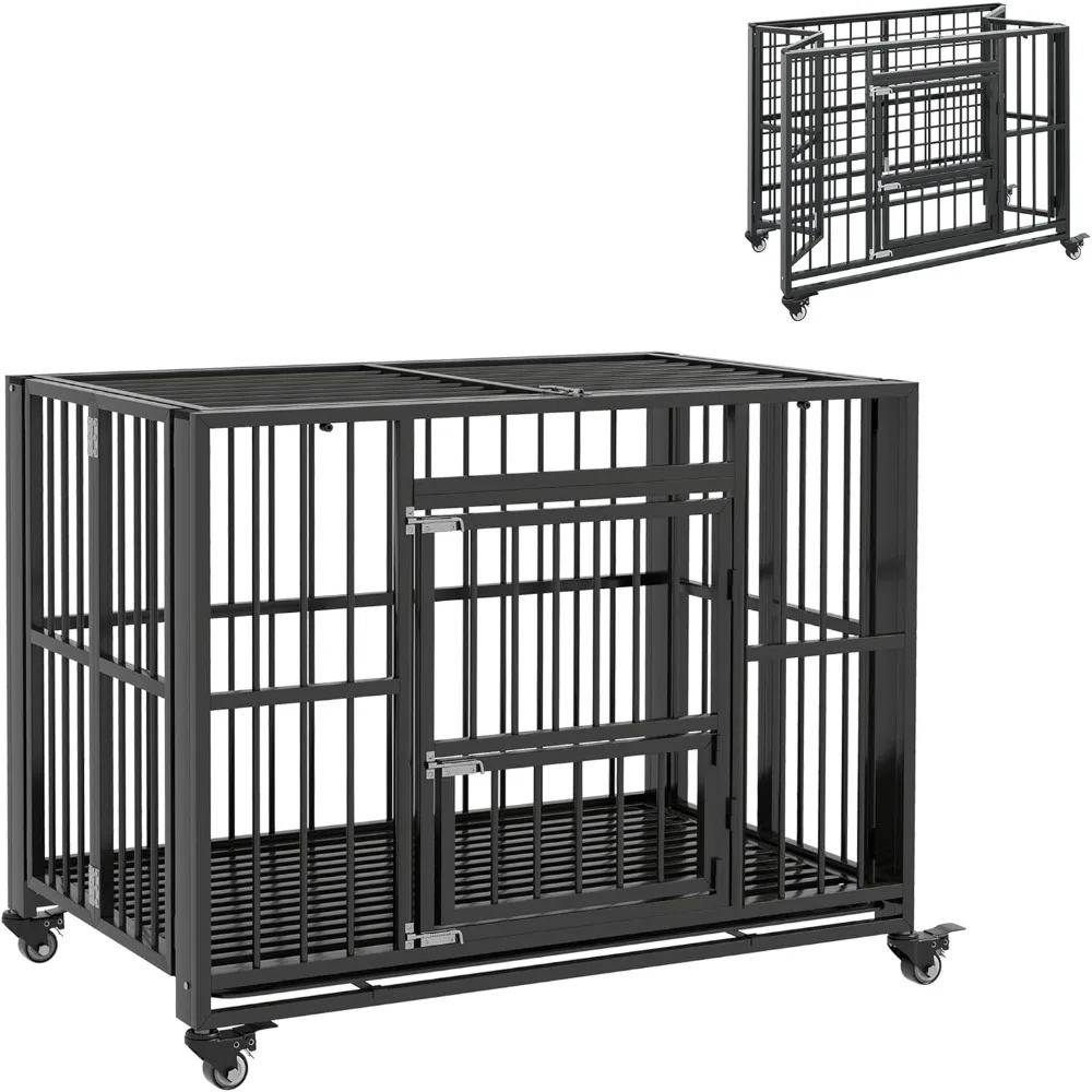 Heavy Duty Dog Crate, Sturdy Steel Collapsible Large Dog Cage with 4 Lockable Wheels, Openable Top for Medium and Large Dogs