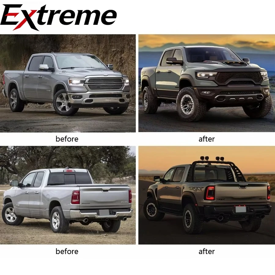 Body Kit for Dodge Ram 1500 Style PP Material 2019-2023 Bumper Hood Lights Fender Side Step Old to New Facelift Upgrade Body Kit